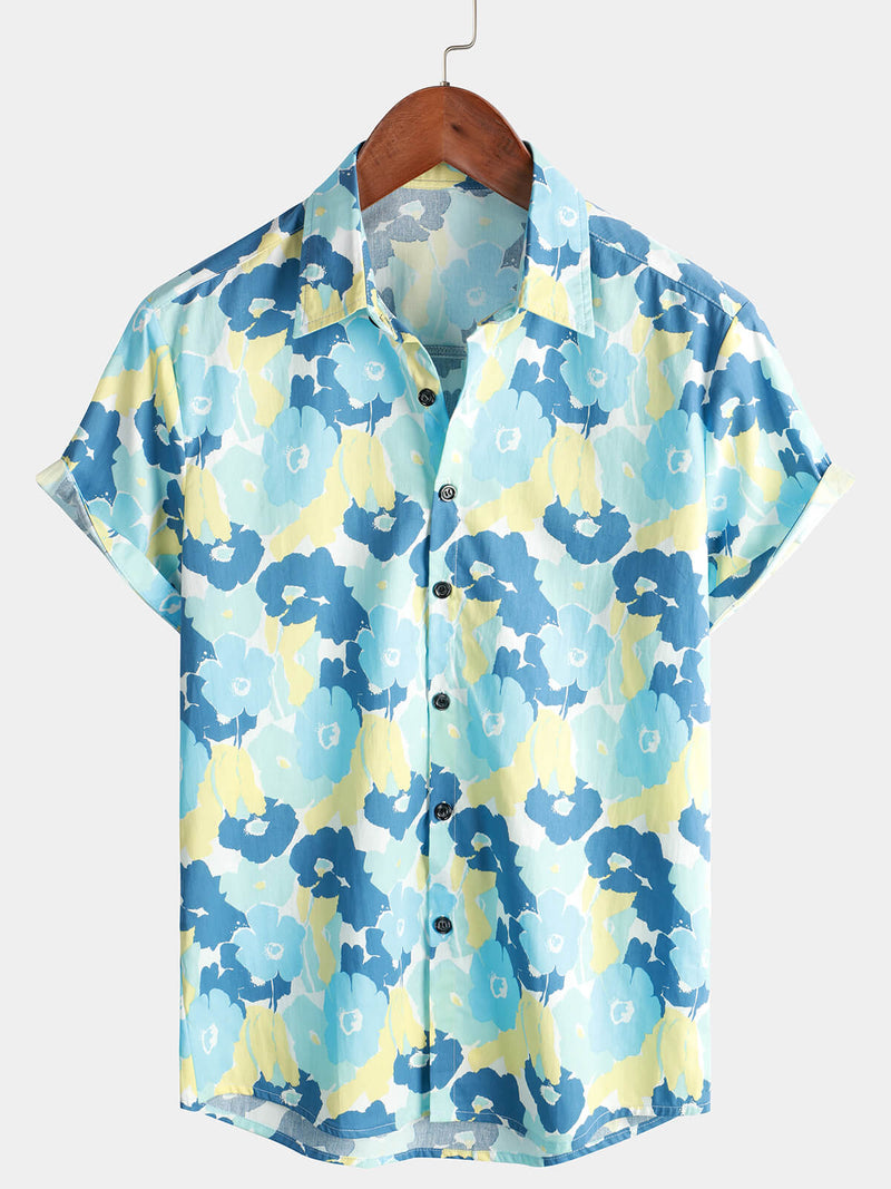 Chemise hawaïenne à manches courtes en coton à fleurs pour hommes