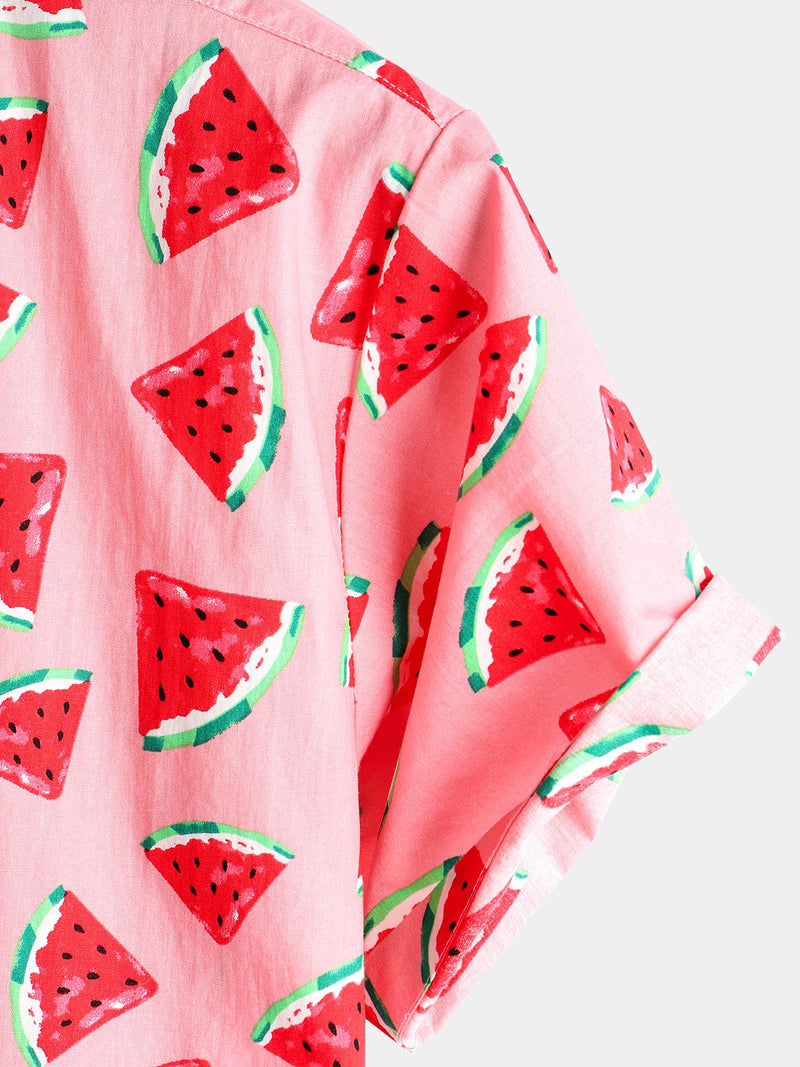 Chemise d'été hawaïenne Pastèque à manches courtes en coton à manches courtes pour hommes