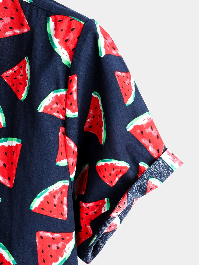 Chemise d'été hawaïenne Pastèque à manches courtes en coton à manches courtes pour hommes