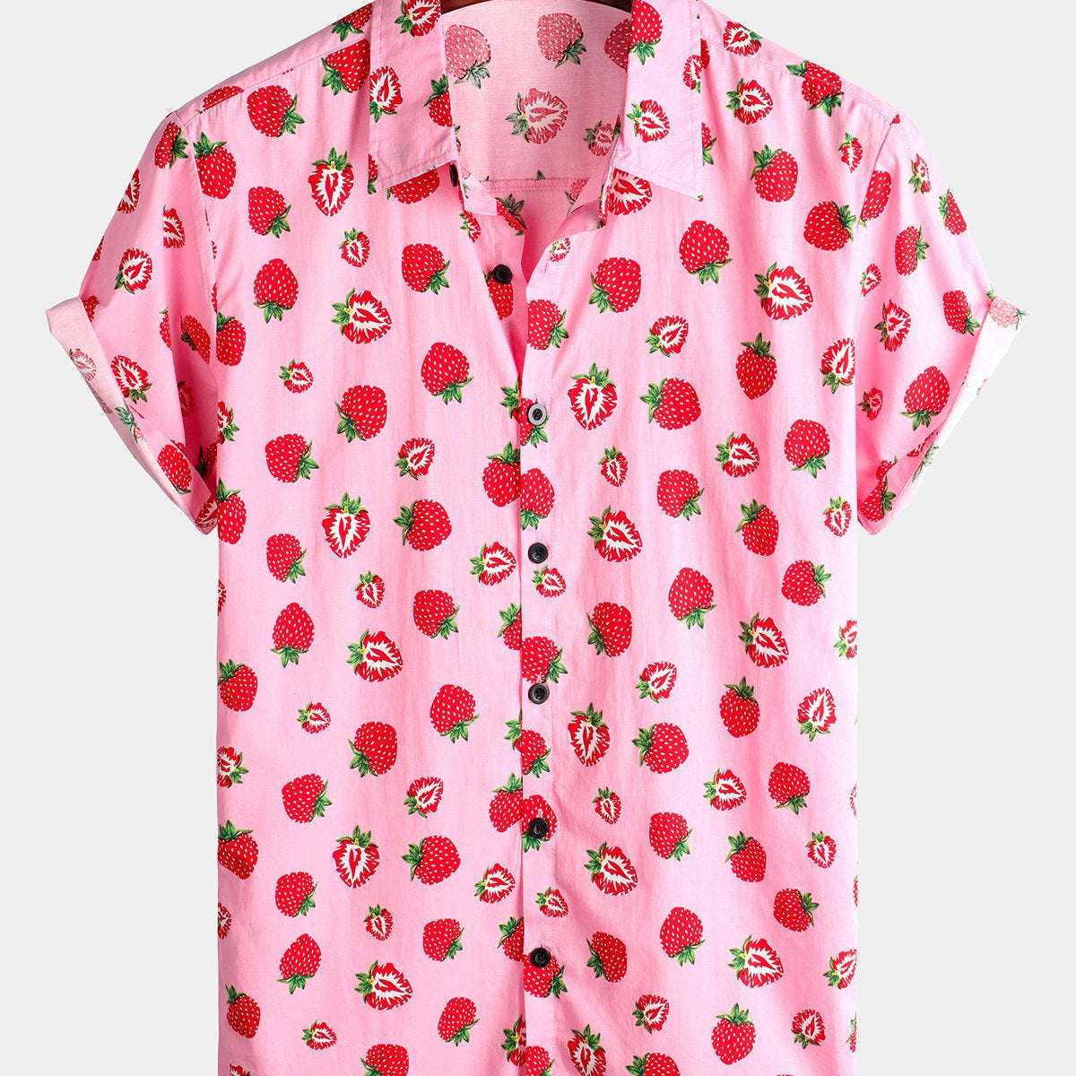 Chemise hawaïenne boutonnée à manches courtes en coton pour homme avec imprimé fraise et fruits