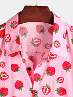 Chemise hawaïenne boutonnée à manches courtes en coton pour homme avec imprimé fraise et fruits