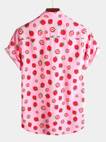 Chemise hawaïenne boutonnée à manches courtes en coton pour homme avec imprimé fraise et fruits