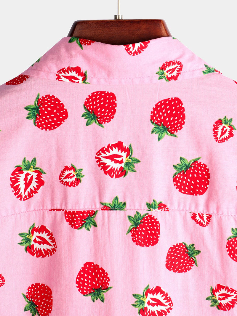 Chemise hawaïenne boutonnée à manches courtes en coton pour homme avec imprimé fraise et fruits