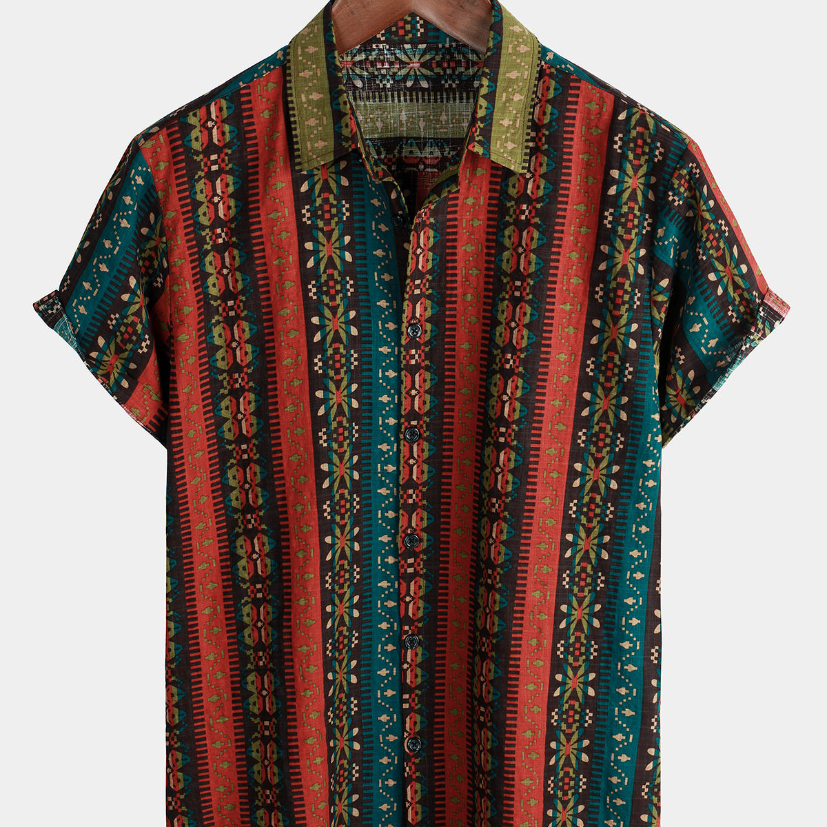 Chemise à manches courtes bohème d'été décontractée à imprimé floral coloré à rayures pour hommes