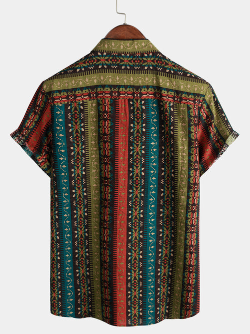 Chemise à manches courtes bohème d'été décontractée à imprimé floral coloré à rayures pour hommes