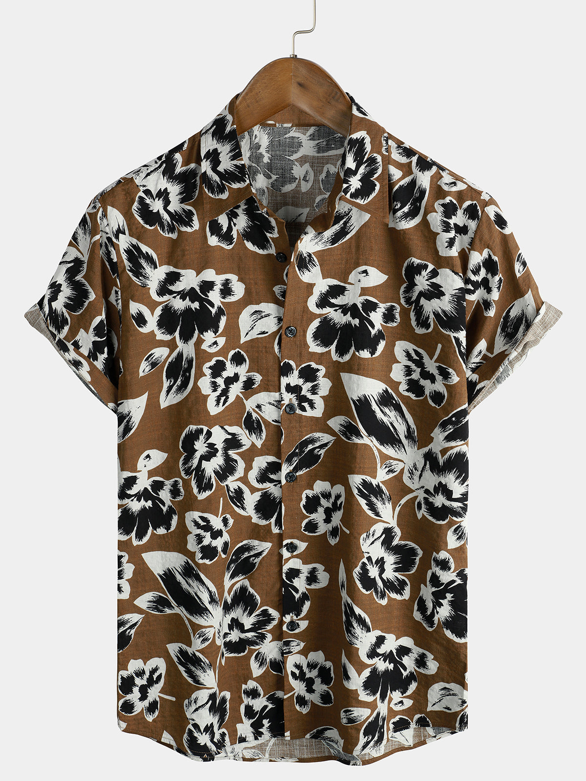 Chemise à manches courtes vintage en coton respirant à fleurs pour homme marron des années 70