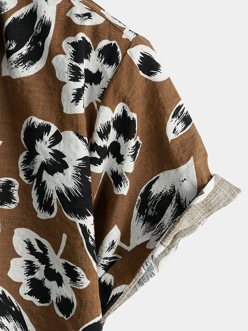 Chemise à manches courtes vintage en coton respirant à fleurs pour homme marron des années 70