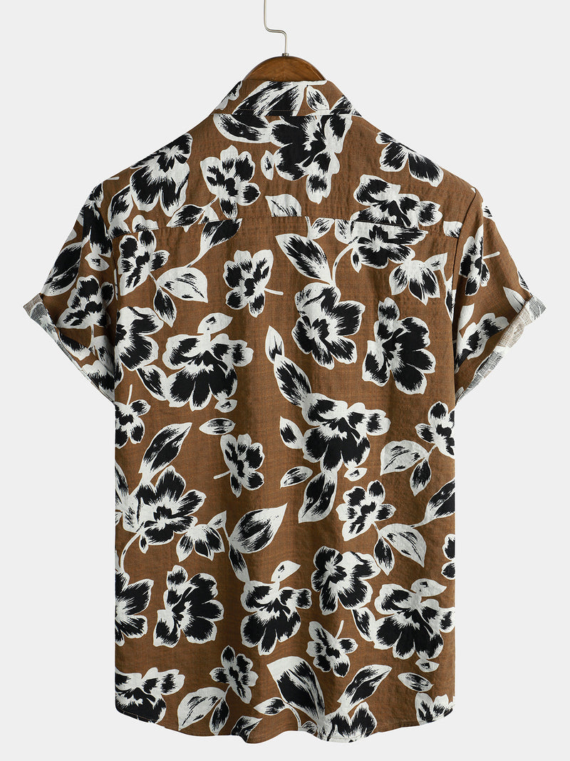 Chemise à manches courtes vintage en coton respirant à fleurs pour homme marron des années 70