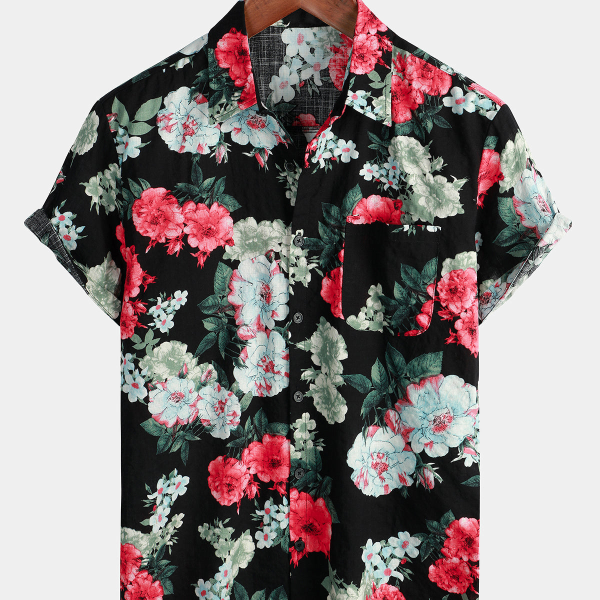 Chemise de vacances d'été en coton à manches courtes pour hommes avec poche noire à imprimé floral