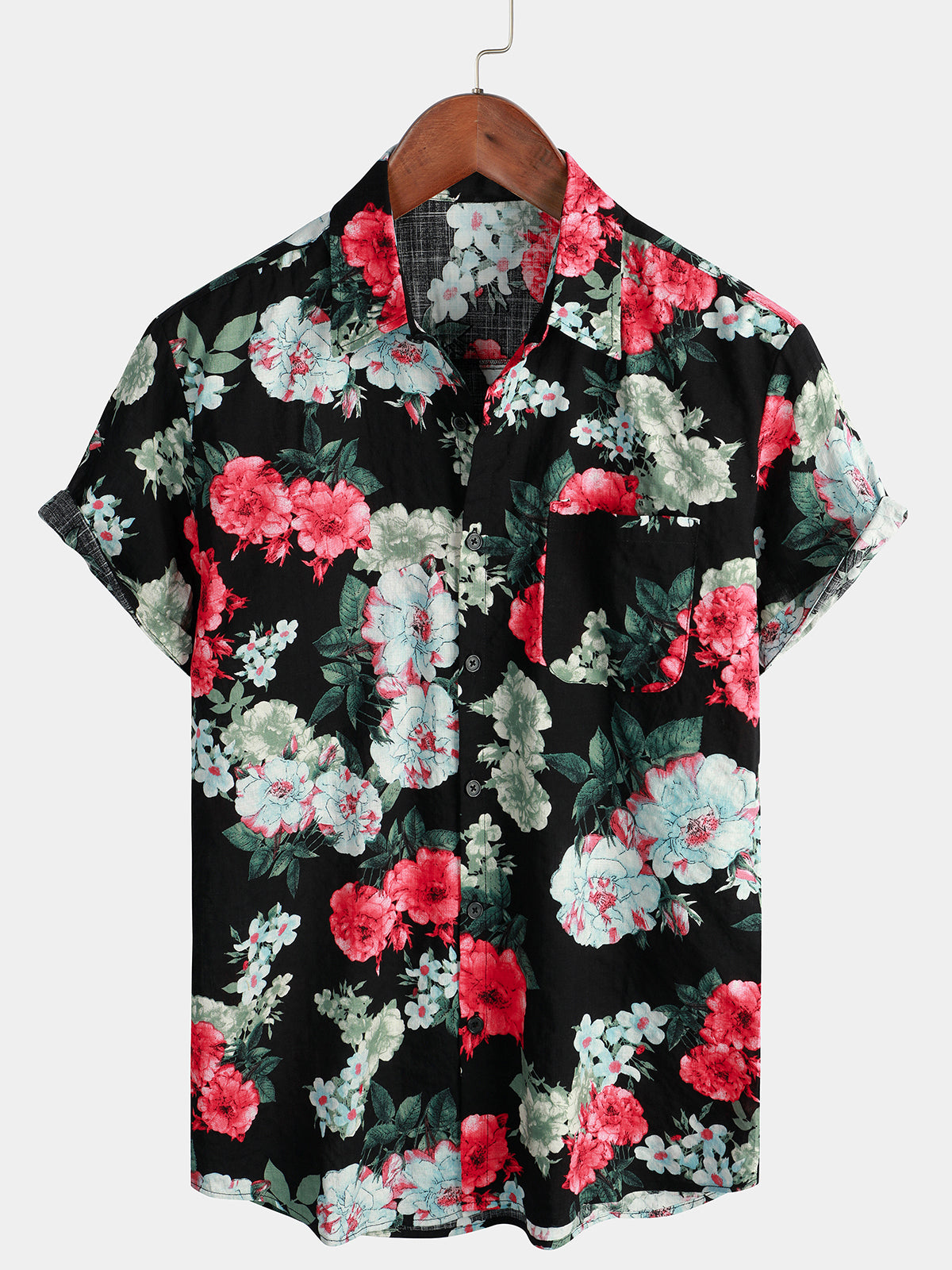 Chemise de vacances d'été en coton à manches courtes pour hommes avec poche noire à imprimé floral