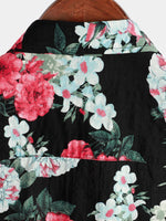 Chemise de vacances d'été en coton à manches courtes pour hommes avec poche noire à imprimé floral