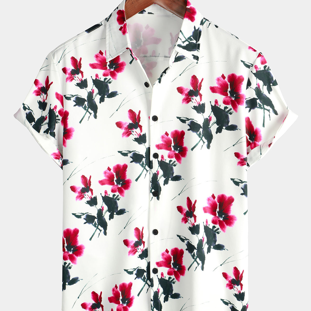 Chemise à manches courtes de vacances à imprimé floral rouge vintage pour hommes