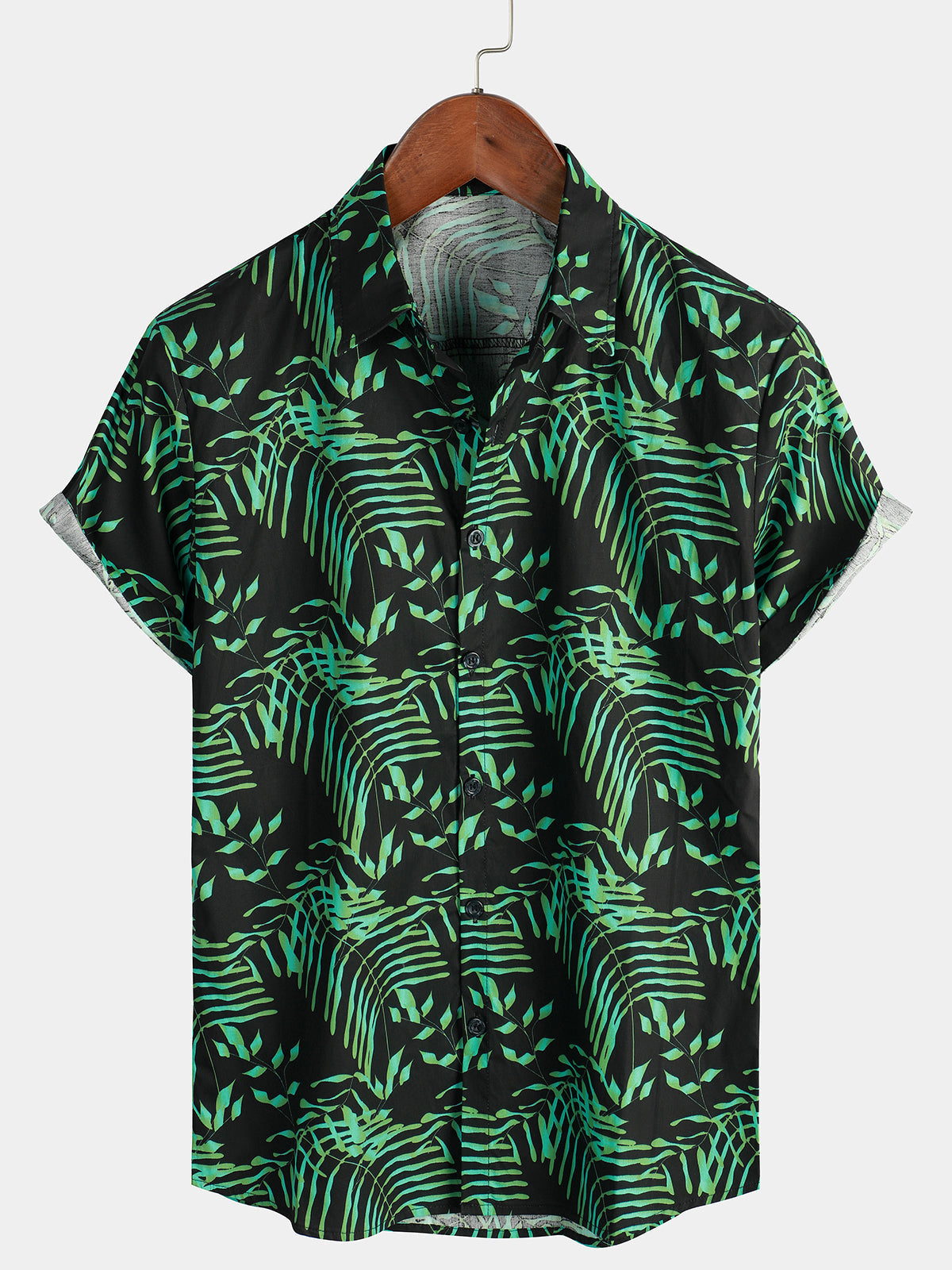 Chemise hawaïenne à manches courtes avec bouton de feuilles de plantes vertes tropicales pour hommes