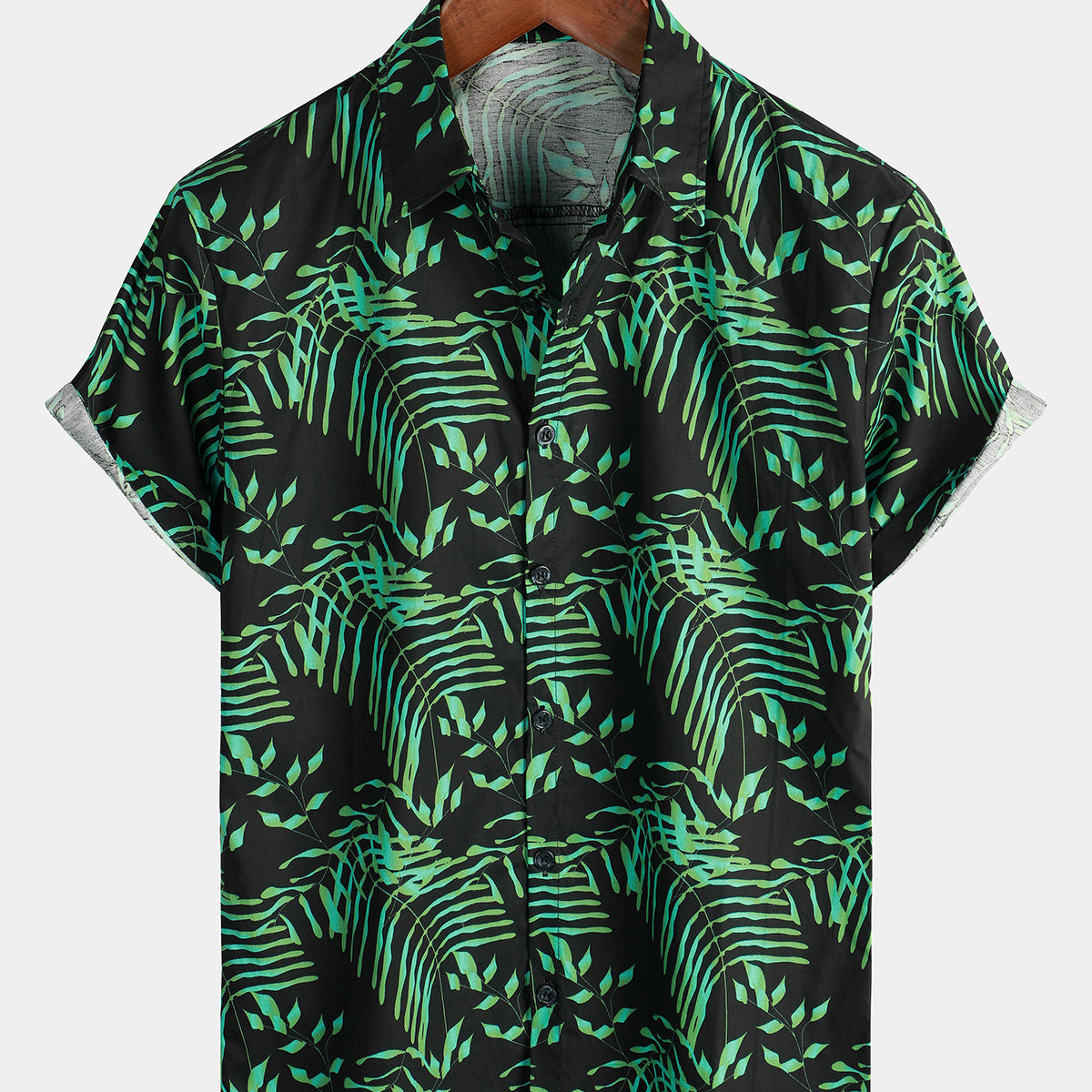Chemise hawaïenne à manches courtes avec bouton de feuilles de plantes vertes tropicales pour hommes