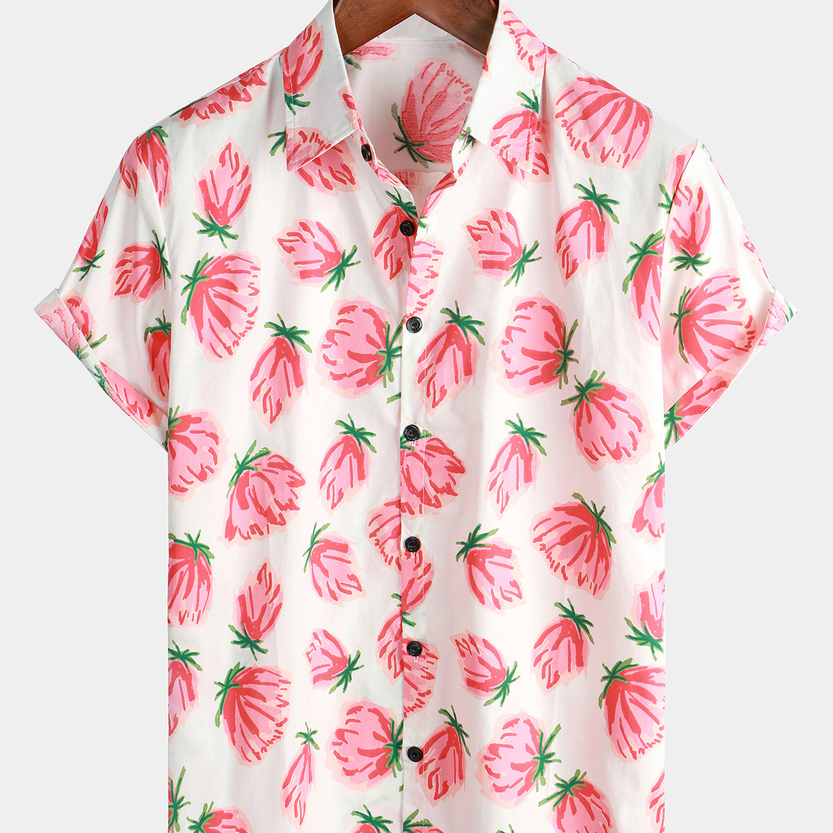 Chemise à manches courtes en coton respirant à fleurs d'été en coton rose pour hommes