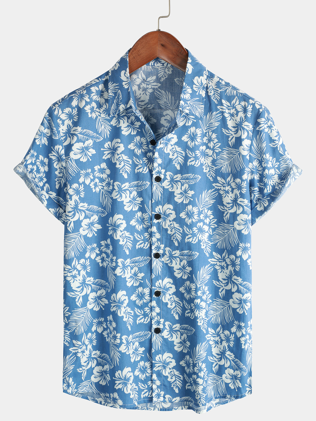 Chemise de plage boutonnée à manches courtes en coton avec feuilles de plantes tropicales bleues pour hommes Aloha Resort
