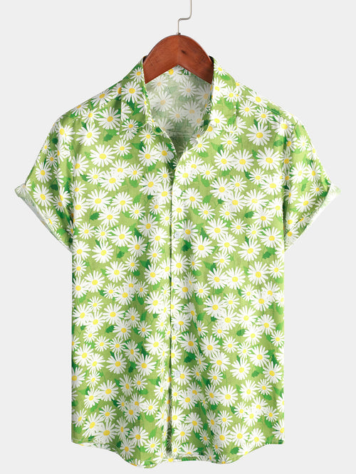 Chemise de plage à manches courtes à fleurs vertes pour hommes