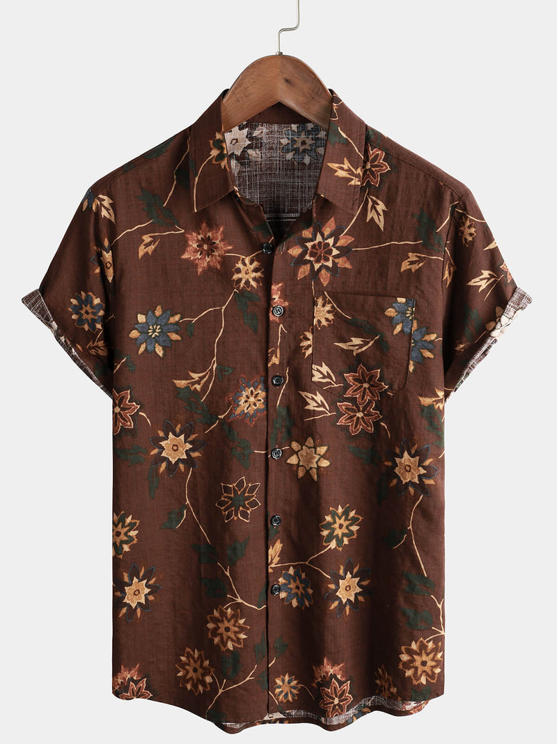 Chemise à fleurs hawaïenne Aloha marron pour homme avec poche de plage en coton rétro