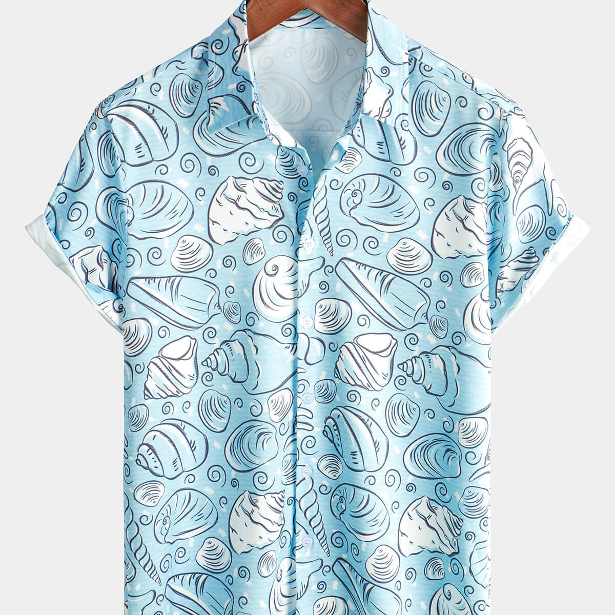 Chemise hawaïenne bleu clair à manches courtes pour homme Ocean Button Up Beach Shell Aloha