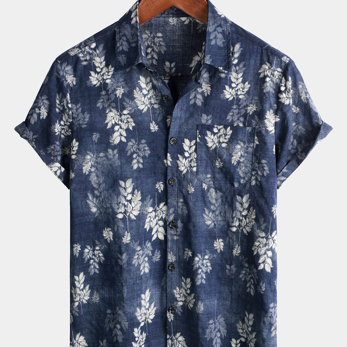 Chemise hawaïenne boutonnée bleu marine pour homme avec poche en coton vintage à manches courtes des années 70