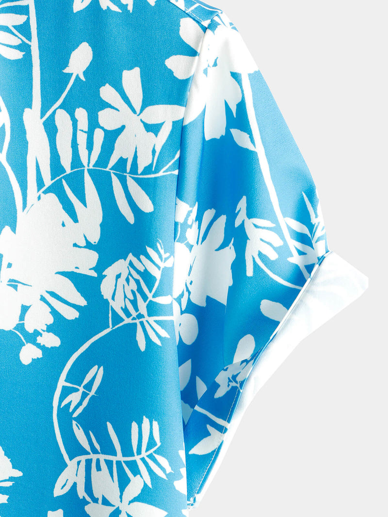 Couleur des Fêtes pour hommes Imprimé Bouton Up Floral Manches Courtes Chemise bleue d’été