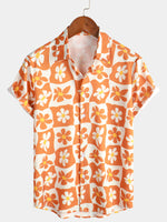 Homme Floral Orange Plaid Vintage Button Up 70S Flower Short Sleeve Beach Summer Shirt