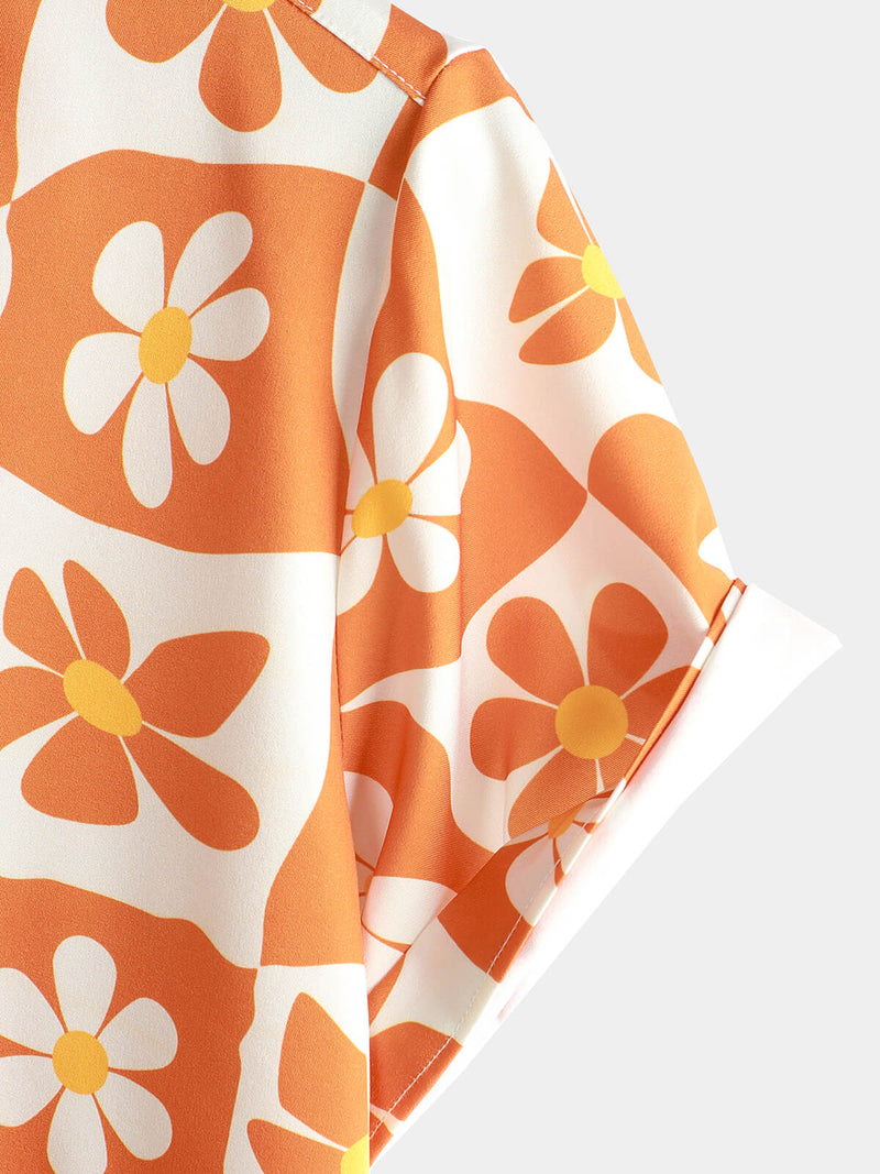 Homme Floral Orange Plaid Vintage Button Up 70S Flower Short Sleeve Beach Summer Shirt
