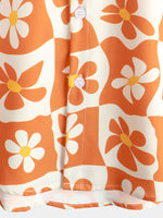 Homme Floral Orange Plaid Vintage Button Up 70S Flower Short Sleeve Beach Summer Shirt