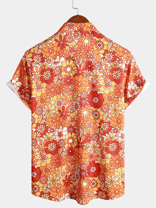Hommes Vintage Floral Bouton Up Short Sleeve Beach Disco Summer 70s Retro Hawaiian Shirt