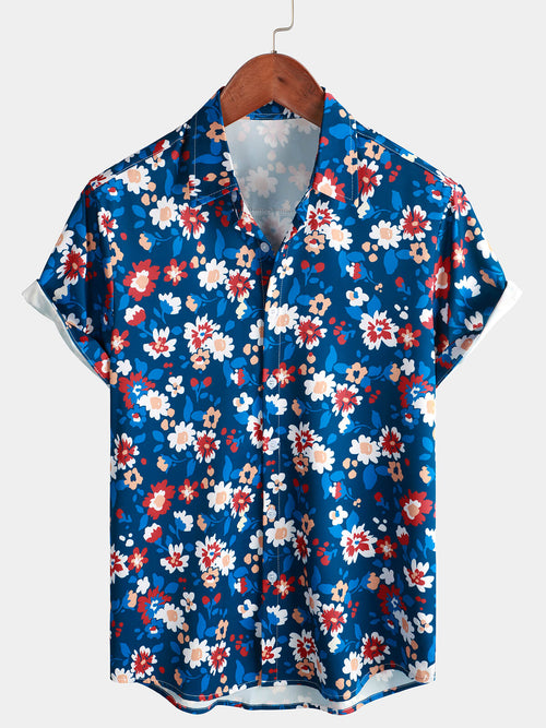 Chemise à manches courtes vintage à fleurs bleues pour hommes