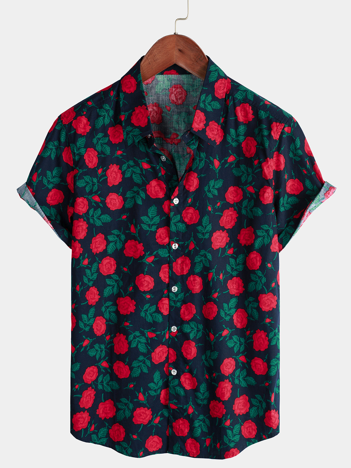 Chemise en coton à manches courtes et imprimé fleur rose pour hommes