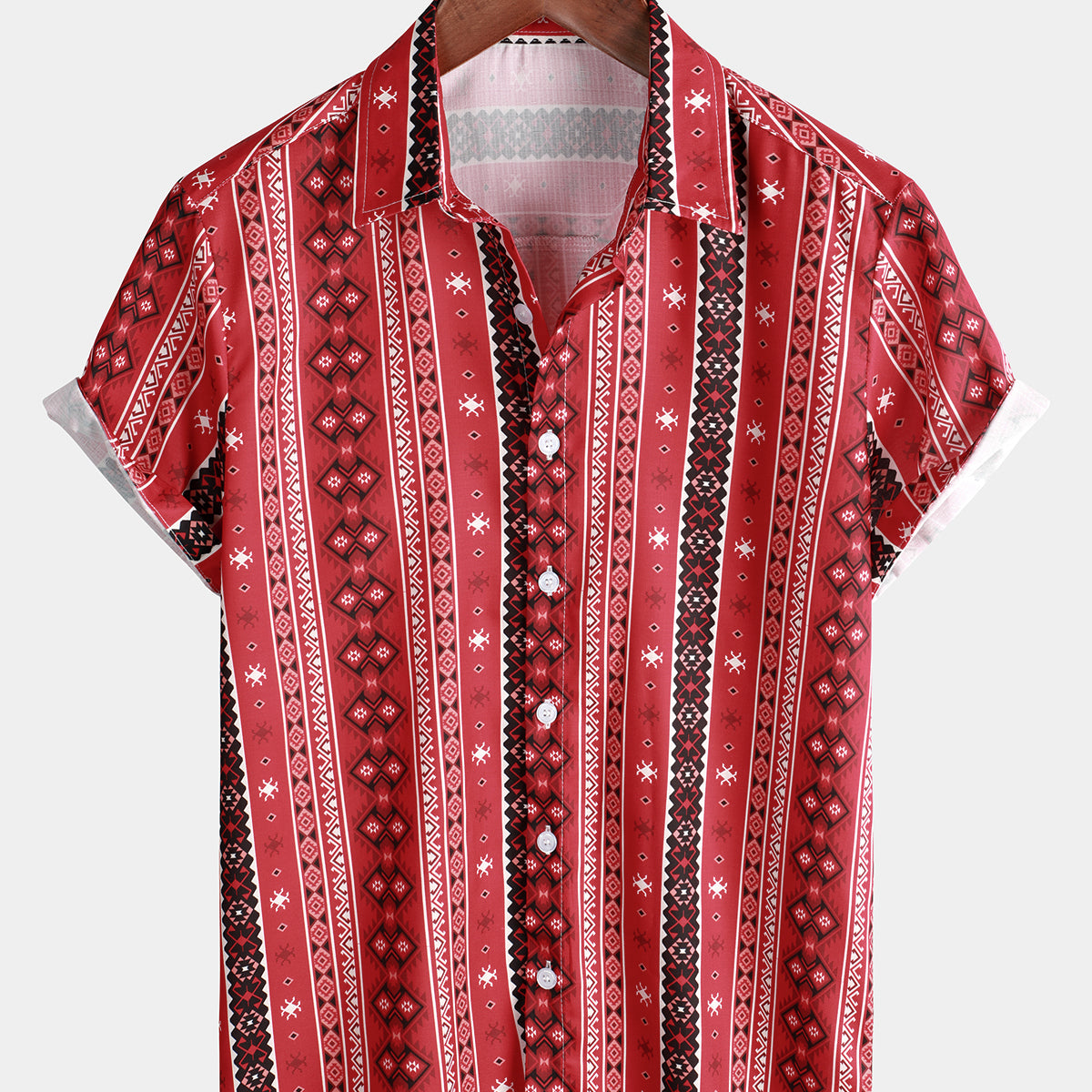 Hommes Retro Casual Red Striped Vintage Short Sleeve Button Up Lapel Shirt