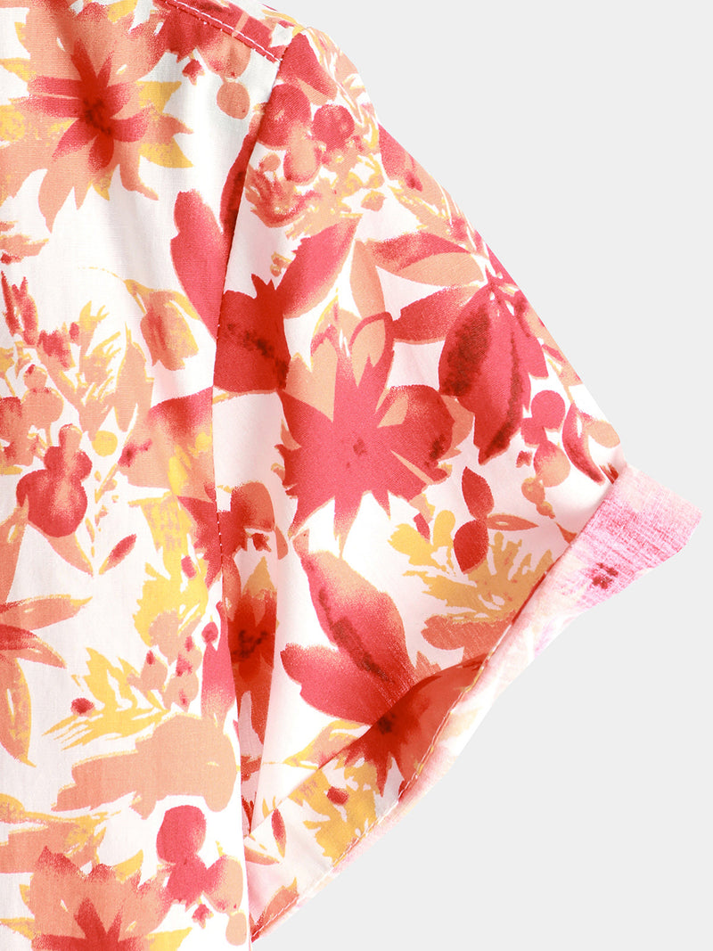 Chemise à manches courtes d'été décontractée à imprimé floral orange pour hommes