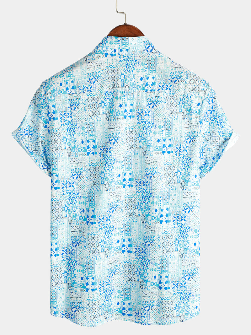 Chemise à manches courtes bleue à imprimé floral en coton vintage pour hommes