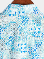 Chemise à manches courtes bleue à imprimé floral en coton vintage pour hommes