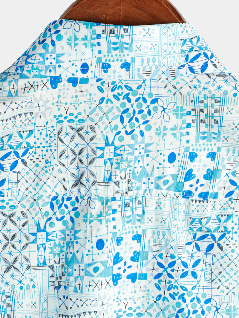 Chemise à manches courtes bleue à imprimé floral en coton vintage pour hommes