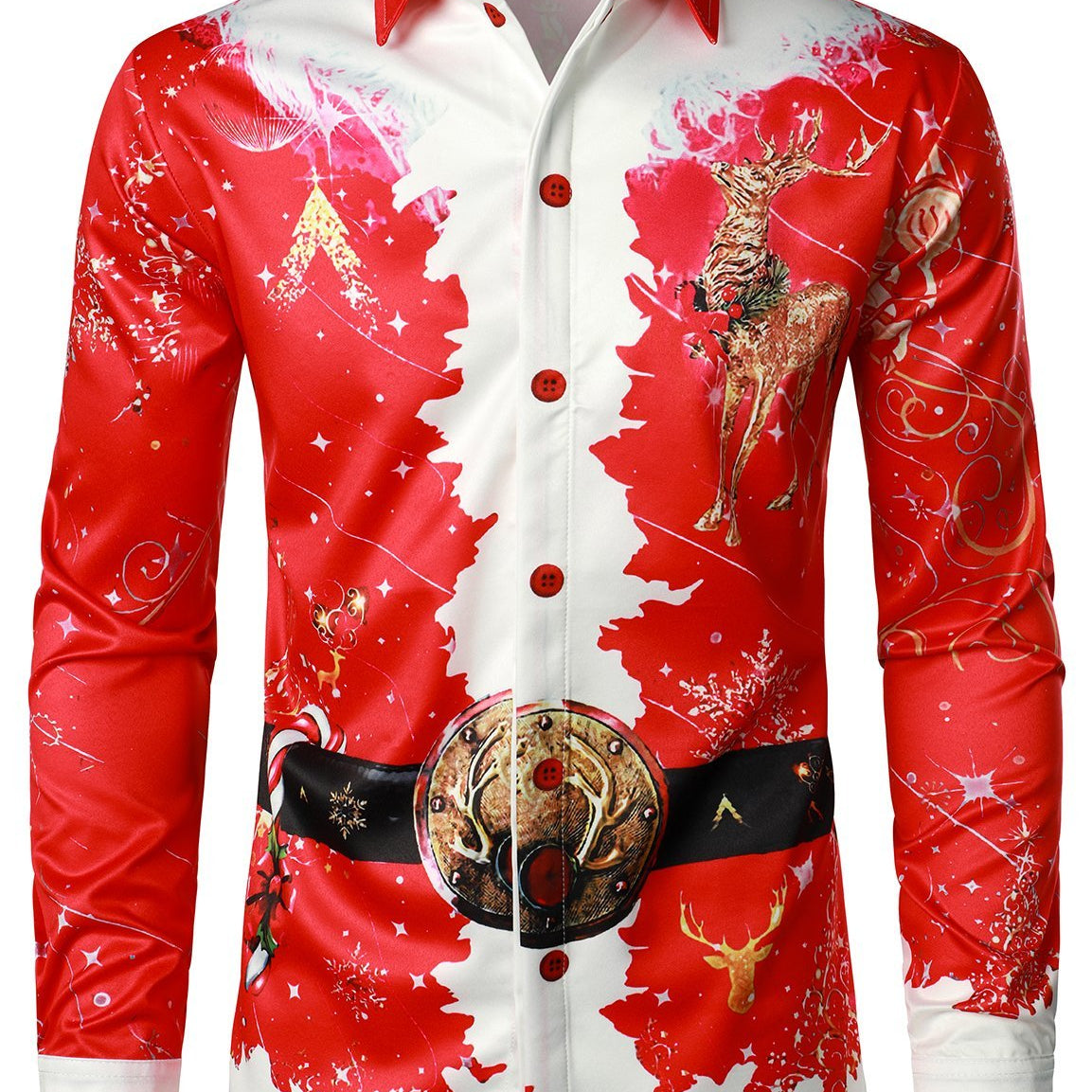 Haut à thème de Noël pour homme rouge drôle tenue vacances chemise à manches longues boutonnée