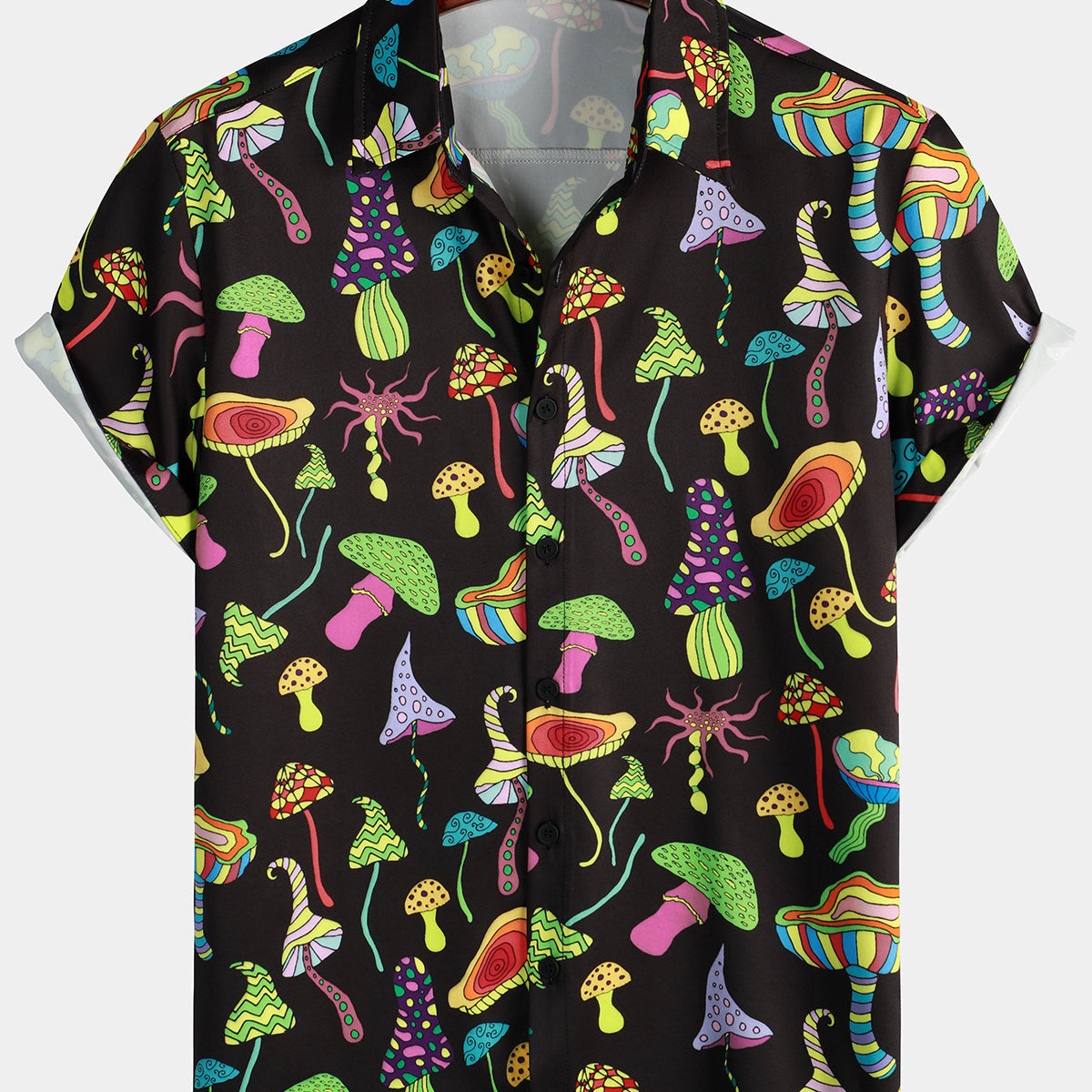 Chemise à manches courtes à revers de plantes colorées d'art de champignon magique coloré pour hommes