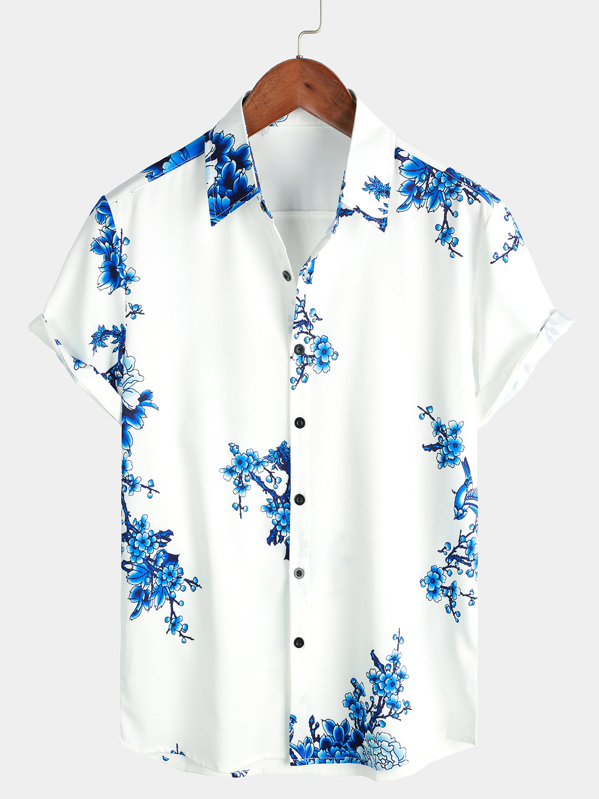 Chemise décontractée boutonnée à manches courtes pour homme bleue à imprimé floral