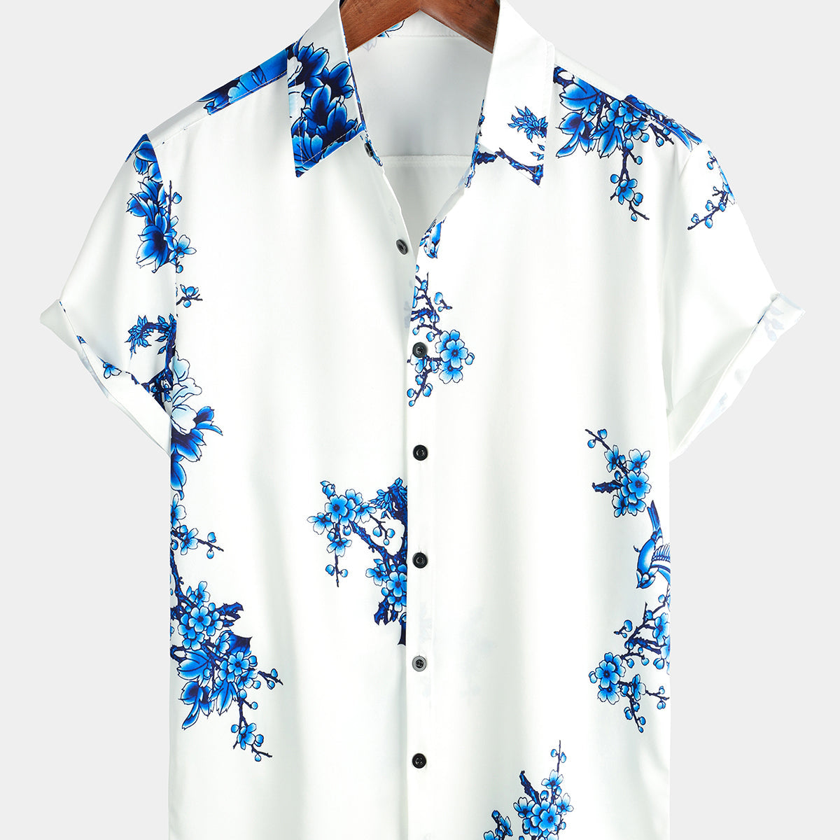 Chemise décontractée boutonnée à manches courtes pour homme bleue à imprimé floral