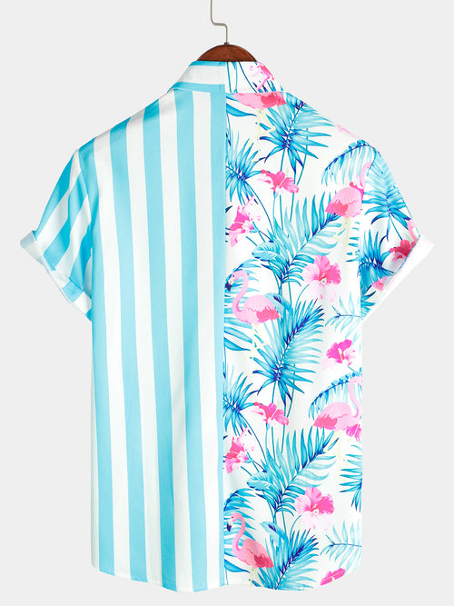 Chemise hawaïenne à manches courtes pour homme à rayures bleues et imprimé flamants roses