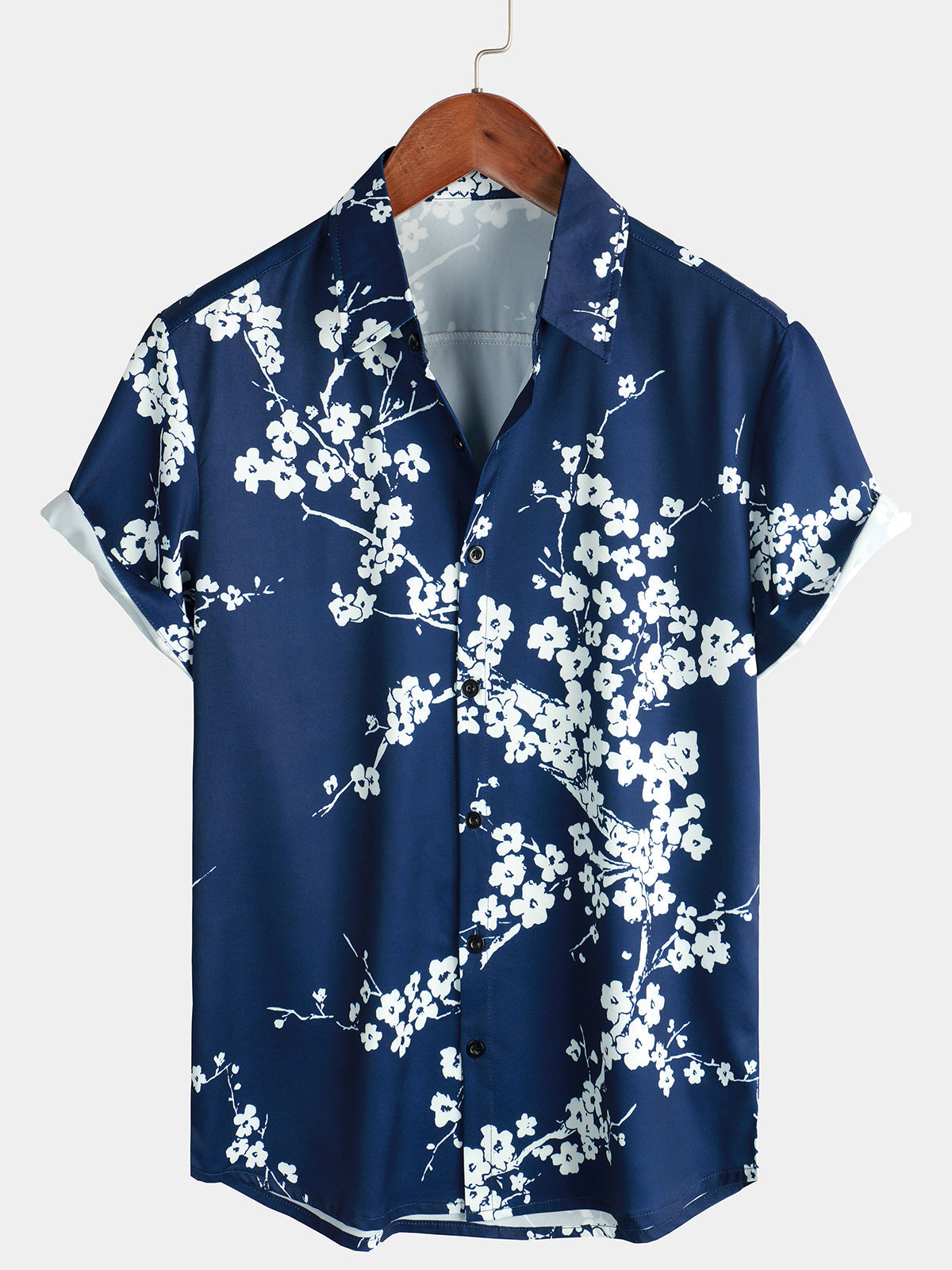 Chemise à revers à manches courtes décontractée pour homme à imprimé floral vintage bleu marine