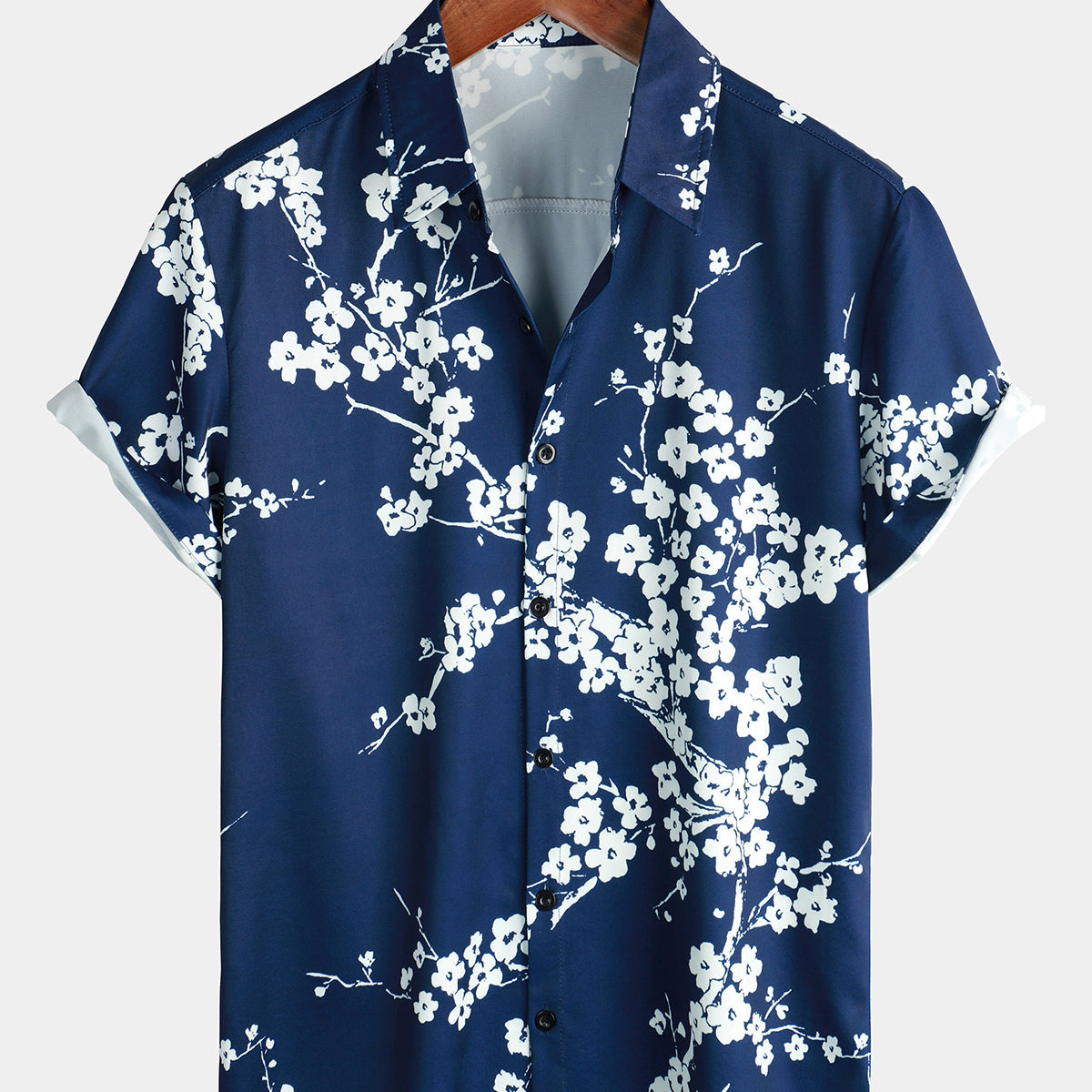 Chemise à revers à manches courtes décontractée pour homme à imprimé floral vintage bleu marine