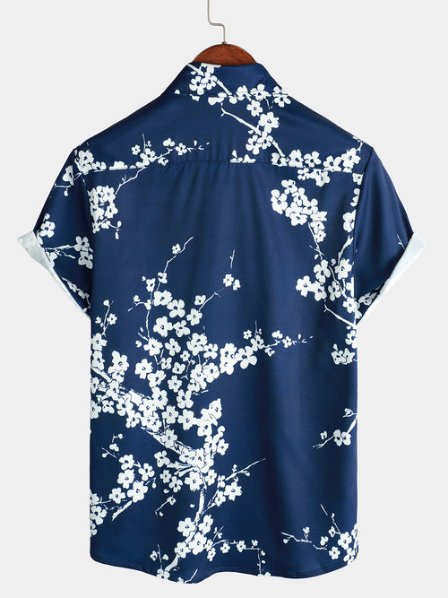Chemise à revers à manches courtes décontractée pour homme à imprimé floral vintage bleu marine