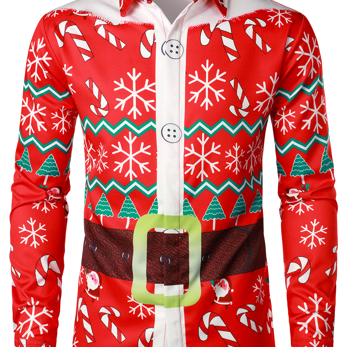 Homme Noël Candy Snowflake Print Santa Claus Rouge Drôle de tenue Chemise à manches longues