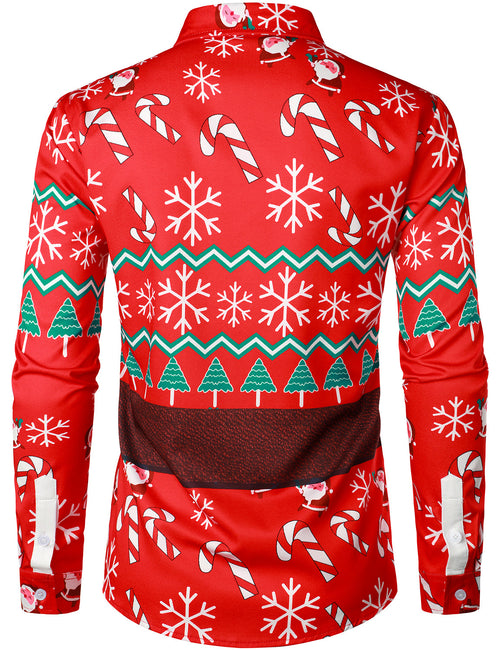 Homme Noël Candy Snowflake Print Santa Claus Rouge Drôle de tenue Chemise à manches longues