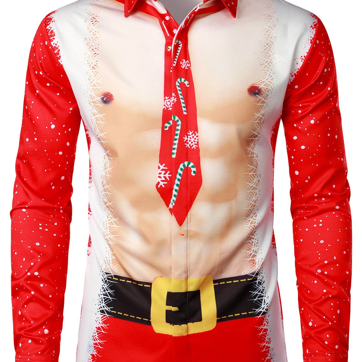 Noël Homme Thème Père Noël Muscle Drôle Imprimé Costume Revers Rouge Chemise à manches longues