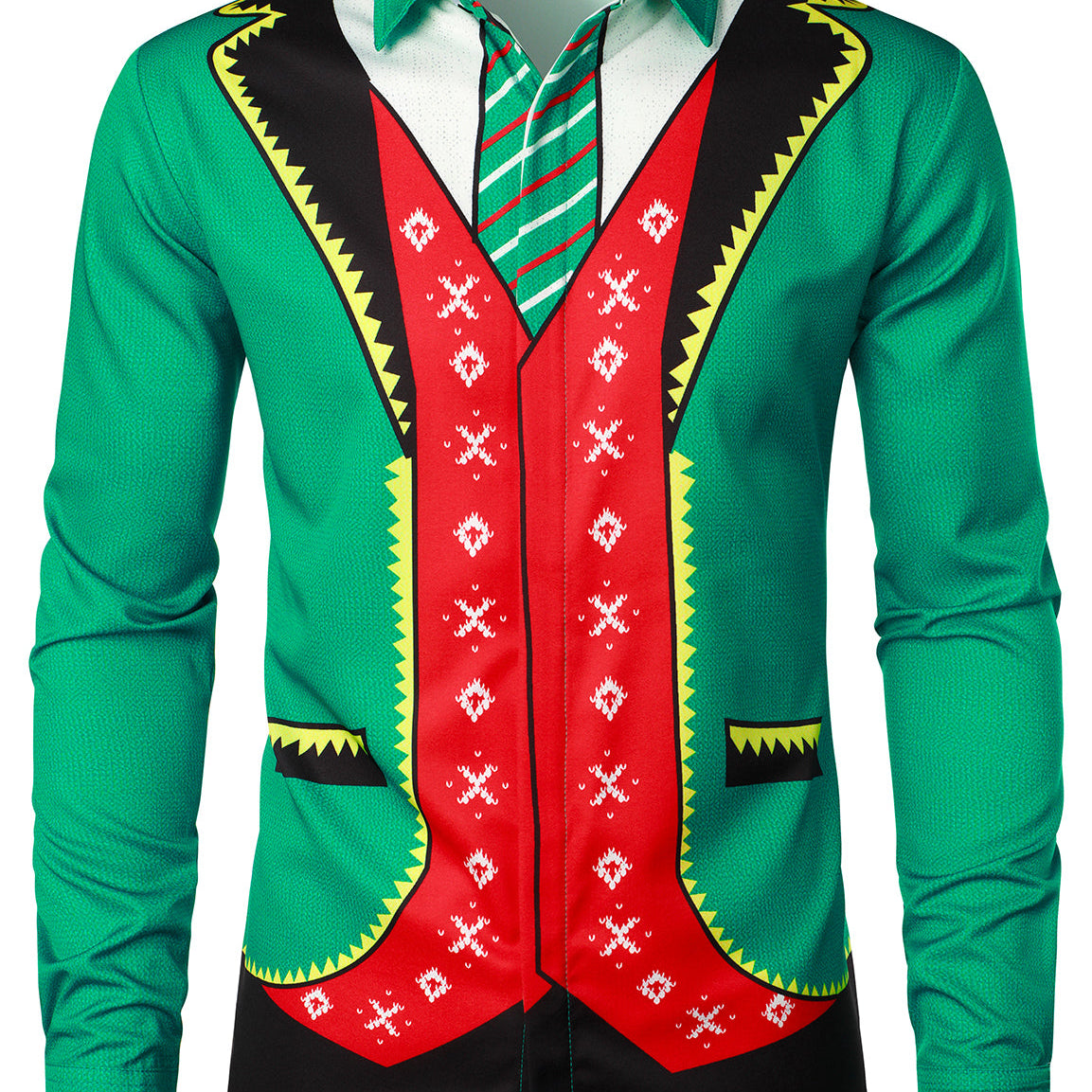 Chemise à manches longues verte boutonnée sur le thème de la tenue de Noël décontractée pour hommes