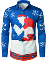 Chemise à manches longues bleu boutonnée du Père Noël pour homme