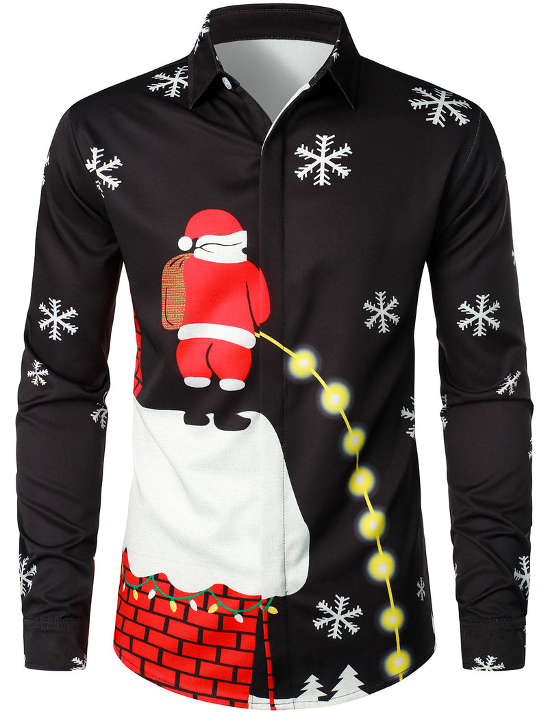 Chemise à manches longues fantaisie noire boutonnée du Père Noël pour homme